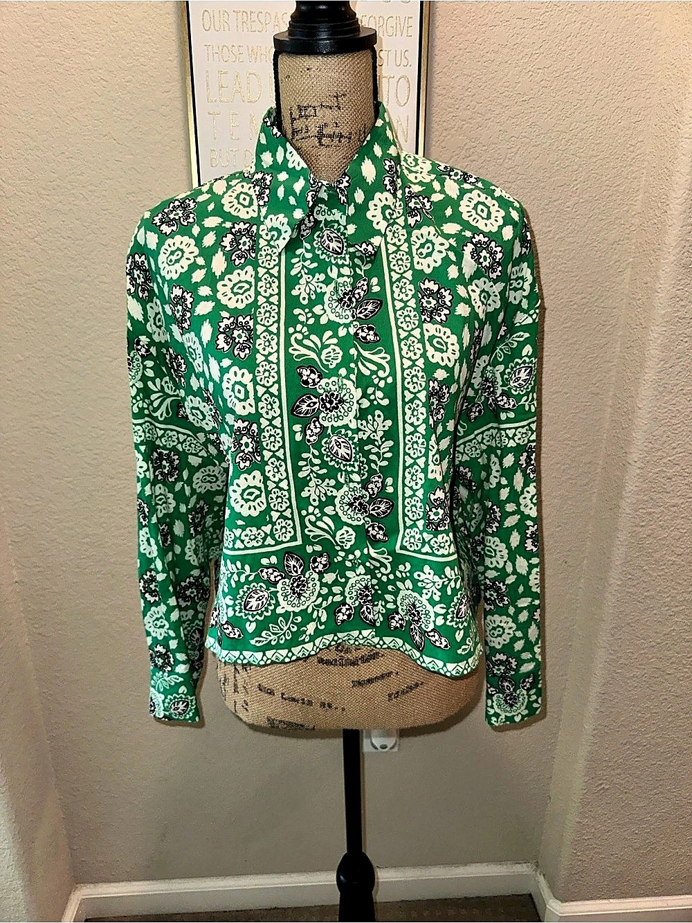 Zara Green Bandana Print Long Sleeve Blouse Green & White Large NWT
